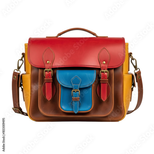 A vibrant multicolored leather satchel with a red flap a blue pocket and yellow sides isolated on a black background