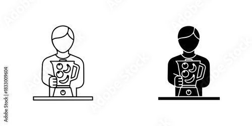 Person holding a blender with fruits, outline and glyph icons, isolated on