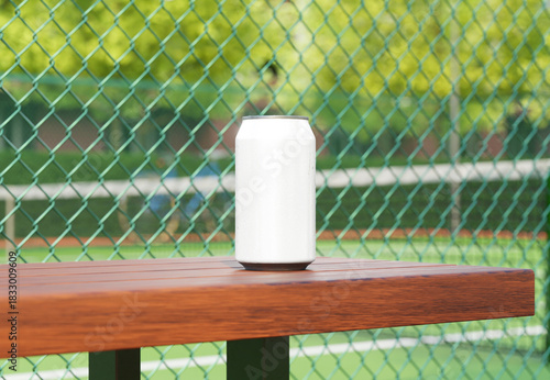 Realistic Soda Can Mockup on Wooden Bench at Outdoor Tennis Court