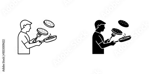 Man flipping pancakes in a pan, outline and silhouette icon, isolated on