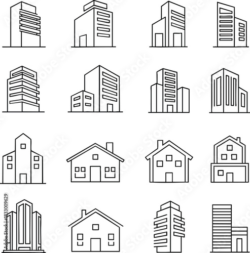 Collection of minimalist line art icons representing various types of buildings, including modern high-rises and traditional houses