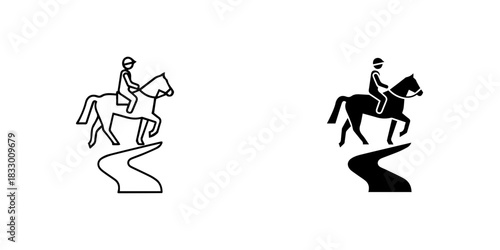 Outline and silhouette icons of a person riding a horse on a winding path, isolated on