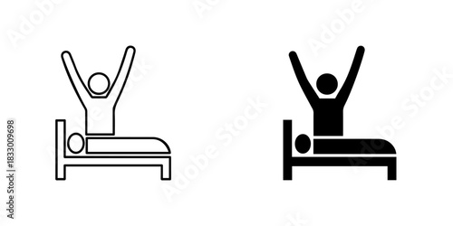 Simple icon set of a person waking up and stretching in bed, in outline and solid black styles, isolated on