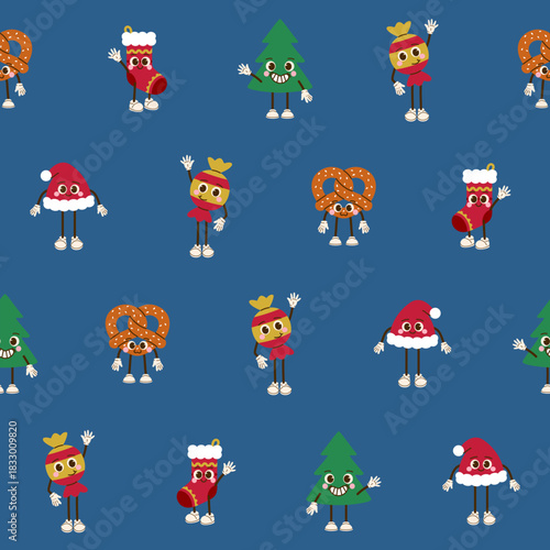 Świąteczny wzór bezszwowy z uroczymi postaciami – bałwanki, prezenty, bombki, gwiazdki i słodycze. Bożonarodzeniowe tło wektorowe.