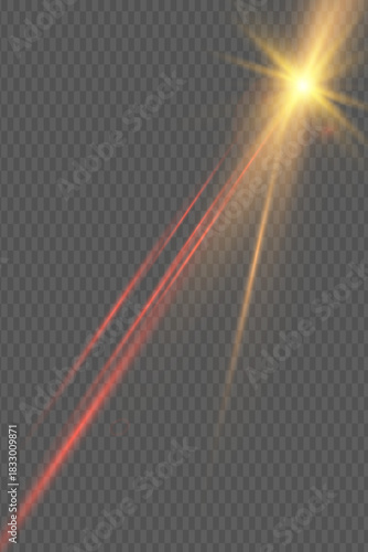 Golden star with very long red-tinted rays stretching across the entire image. Bright glowing effects on a dark checkered background for dynamic decorative designs.