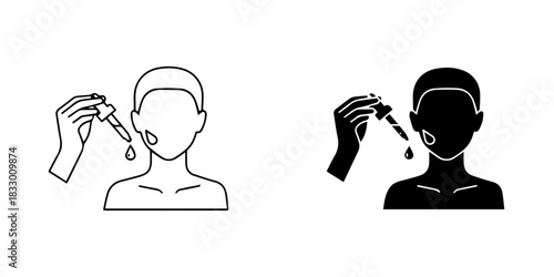 Face serum application icon person applying liquid to skin with a dropper, symbolizing skincare and beauty