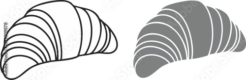 Minimalist vector icons of a classic crescent croissant, offering outline and solid style options for bakery and breakfast design elements