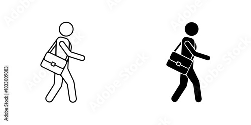 Stick figure person walking with a messenger bag, presented as both outline and silhouette, isolated on