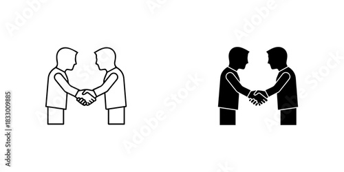 Two icons of people shaking hands, one outline and one silhouette, representing agreement and partnership, isolated on