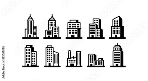Collection of diverse building icons representing various architectural styles and urban structures