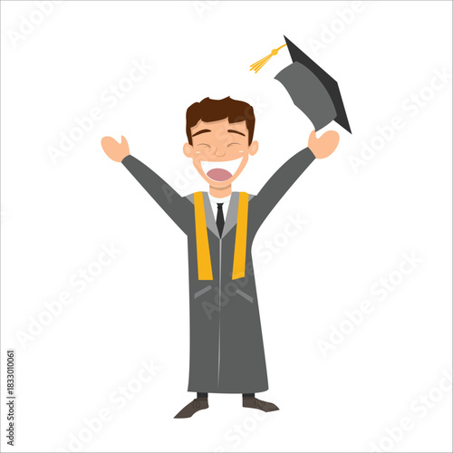 Happy graduate student jumping for joy and throwing a mortarboard cap. Concept of success