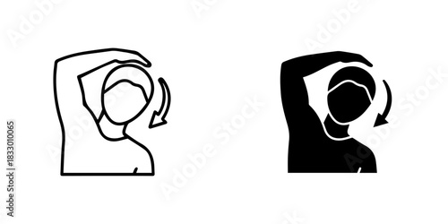 Person stretching neck with hand, outline and silhouette icons, showing movement, isolated on