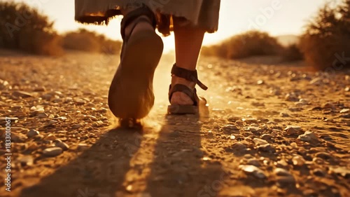 Footsteps in desert sands symbolizing journey, exploration, and faith. Barefoot person in sandals walking down dusty path in arid landscape, symbolizing life’s journey and perseverance.