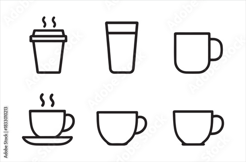 A collection of simple black line drawings depicting various cups and mugs