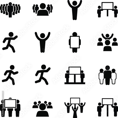 Set of vector icons showing people in various actions like running, celebrating, forming crowds, and holding protest signs or billboards