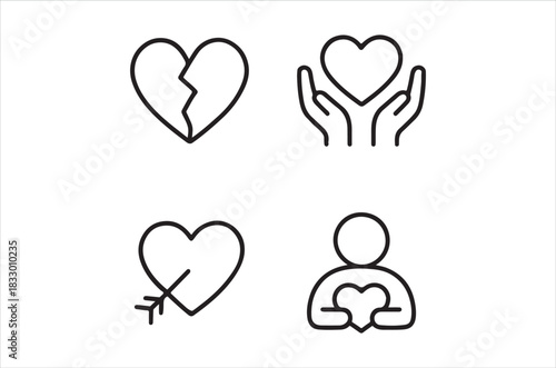 Line art depicting broken healing and loving hearts with human figures