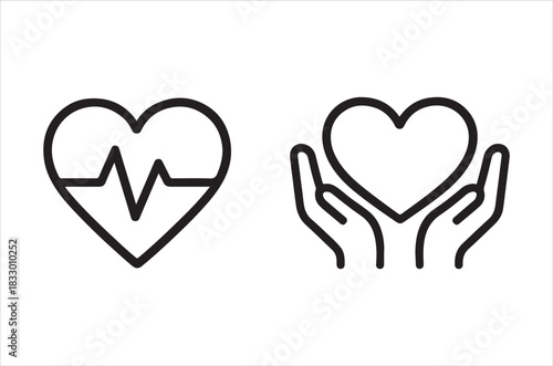 Two heart icons one with a heartbeat line one held by hands
