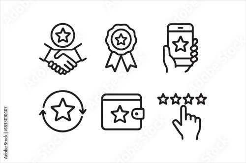 Line art icons depicting ratings awards and customer satisfaction concepts