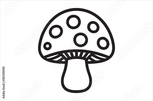 Simple black and white line drawing of a spotted mushroom illustration