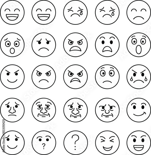 A wide array of minimalist line art emoticons and emojis. They depict diverse human emotions including joy, anger, sadness, and surprise