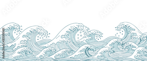 A seamless illustration of stylized ocean waves rendered in blue and white, creating a dynamic and serene water pattern ideal for design backgrounds