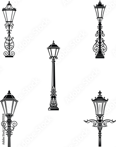 Vintage street lamp collection hand drawn illustration of ornate victorian style lights for urban design architectural elements and historical cityscapes in black and white