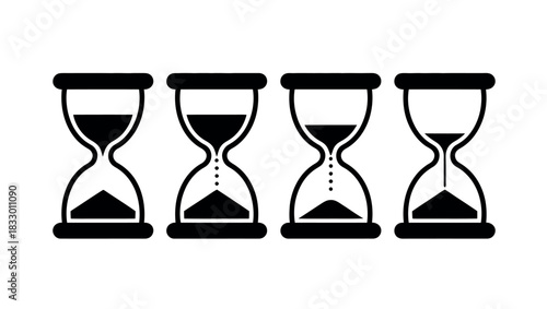 Four hourglasses are shown side-by-side, illustrating the concept of time passing and measurement.