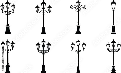 Elegant street lamp silhouette collection a set of ornate and classic lighting fixtures for urban design and architectural illustrations perfect for vintage or modern cityscapes
