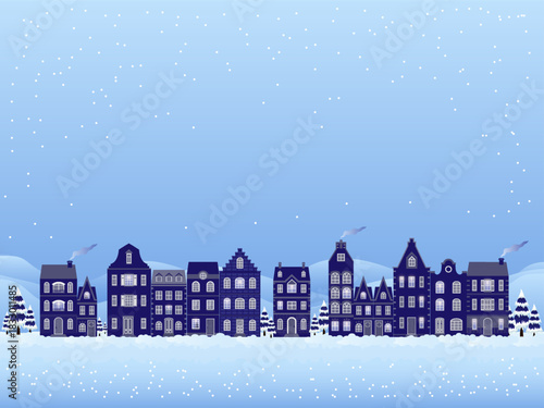 A winter village scene featuring a row of charming, old-style houses, with gentle snowflakes fall against a soft blue sky and wisps of smoke rise from chimneys.