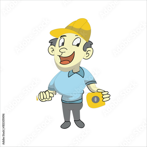 Happy construction worker holding a yellow tape measure tool