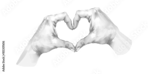 Heart shaped hands forming a romantic gesture for Valentine's Day, halftone style illustration, soft dotted texture, warm emotional mood, for greeting cards and romantic designs.