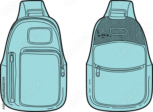 Cyan sling bag vector illustration, front and back view, crossbody backpack, travel accessory, casual chest pack, flat design sketch