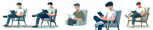 vector of a male student sitting reading a book