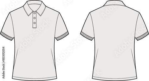 Blank short sleeve polo shirt vector illustration technical sketch showing front and back views for clothing design templates and fashion apparel mockups
