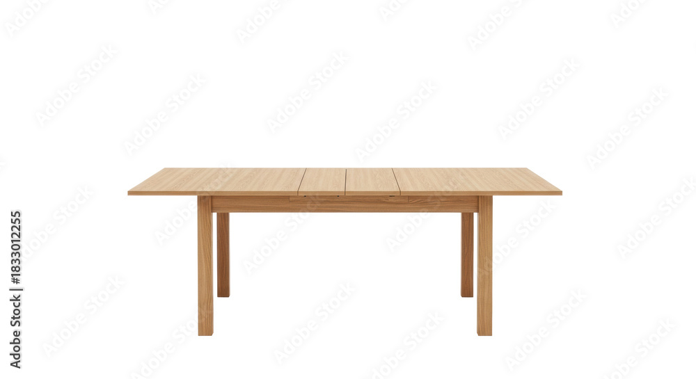 Fototapeta premium Rectangular light brown natural wood dining table with visible grain and extendable seam on a transparent seamless background with copy space, showcasing minimalist design and functional elegance
