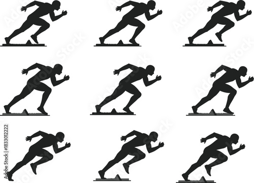 Sprinter silhouette sequence in 3x3 grid showing race start motion, dynamic athletic vector illustration, speed and biomechanics concept