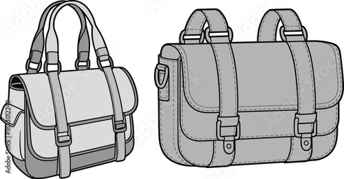 Sling bag vector technical drawing illustration front and back view crossbody backpack sketch fashion design template isolated on white background