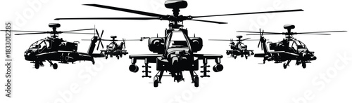Squadron of military attack helicopters flying in formation, black and white vector illustration of apache choppers with missiles for army war design.