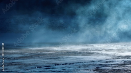 Cold winter landscape with snow covered ground, dark cloudy sky, and steam rising from frozen water.