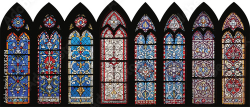 Stained, glass, window, illustration, set, with, Gothic, arch, floral, pattern, colorful, design, architecture, vector, content, heritage, religious, artwork, symmetrical, decorative, church