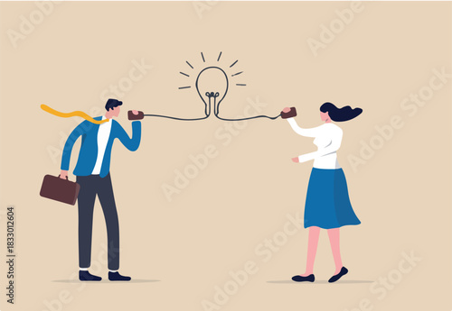 Communicate idea, advice or solution, good communication skill for business success, brainstorm or discuss in meeting concept, smart businessman talk to colleague on phone line with lightbulb symbol.