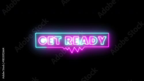 Get Ready Neon Light Text Animation with Vibrant Cyber Glow, Modern Digital Typography Intro on Black Background, High Quality 4K Motion Graphic Loop