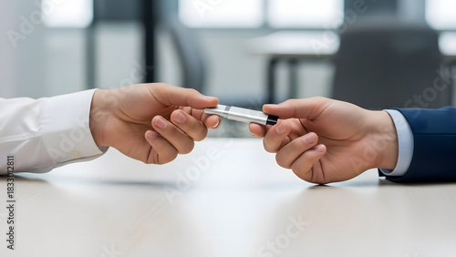Handover the Pen: A symbolic exchange unfolds as two individuals come together, one passing a pen to another, representing collaboration, agreement, and shared opportunities. 
