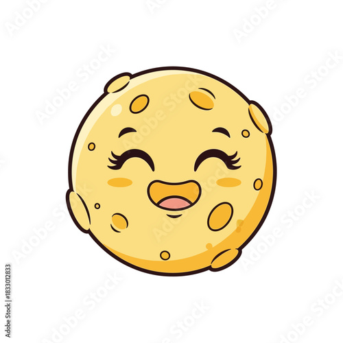 Cute Cartoon Moon Character with Smiling Face and Craters.