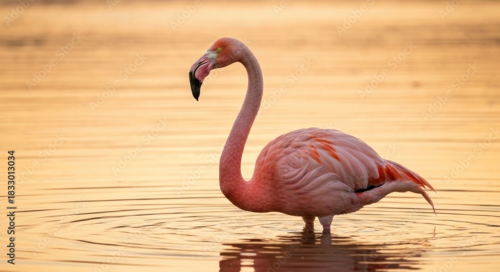 Naklejka premium Pink flamingo wading in golden sunset water
