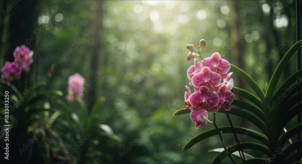 Obraz premium Pink orchids in a lush, tropical forest. Sunlight filters through the trees