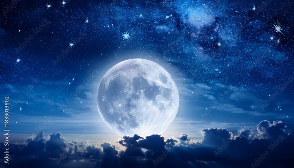 Fototapeta premium Beautiful Magic Blue Night Sky With Clouds And Fullmoon And Stars