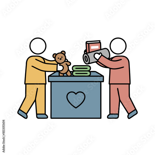 Two People Wearing Simple Clothing Exchanging Donation Boxes Filled With Toys And Clothes During A Charity Event