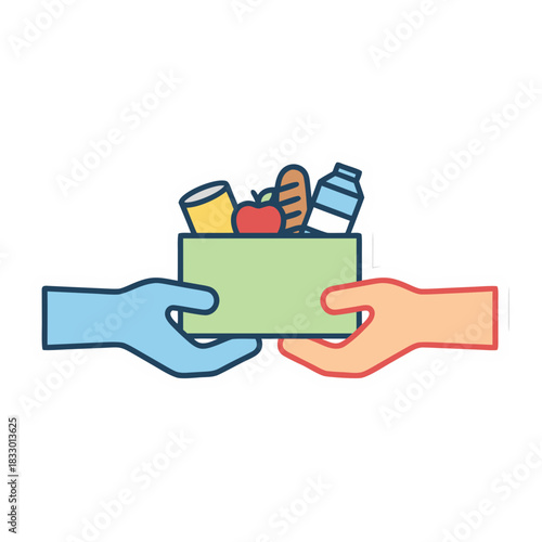 Two Hands Wearing Face Masks Distributing A Box Of Food And Medical Supplies In A Minimalist Flat Vector Art Style
