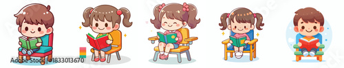 vector of a little student sitting reading a book